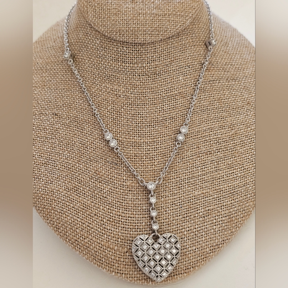 Judith Ripka Sterling CZ Station Heart Drop Necklace 18"